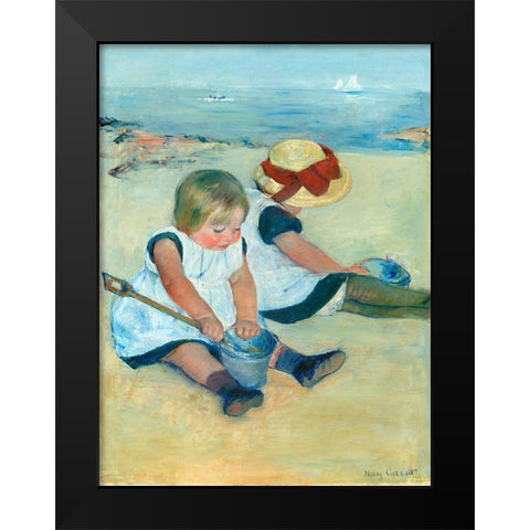 Children Playing on the Beach Black Modern Wood Framed Art Print by Cassatt, Mary
