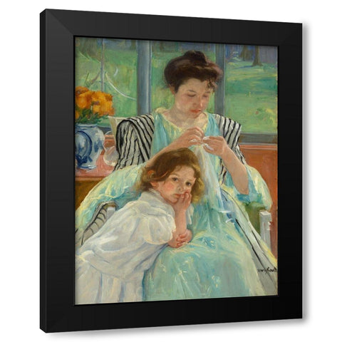 Young Mother Sewing Black Modern Wood Framed Art Print with Double Matting by Cassatt, Mary