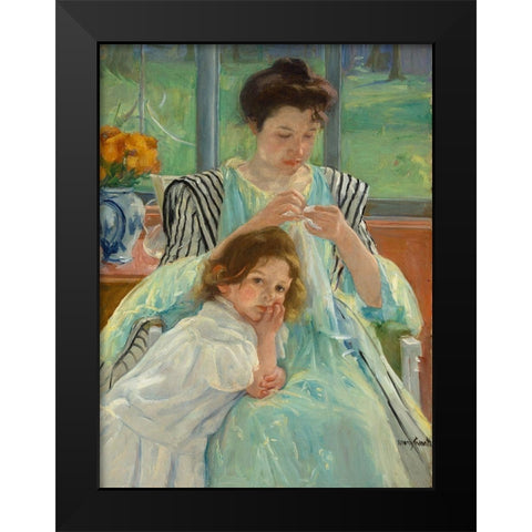 Young Mother Sewing Black Modern Wood Framed Art Print by Cassatt, Mary
