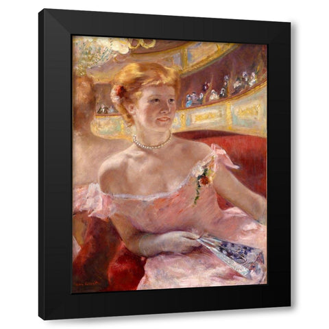 Woman with a Pearl Necklace in a Loge Black Modern Wood Framed Art Print with Double Matting by Cassatt, Mary