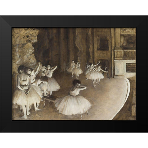 Ballet Rehearsal on Stage Black Modern Wood Framed Art Print by Degas, Edgar