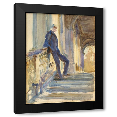 Sir Neville Wilkinson on the Steps of the Palladian Bridge at Wilton House Black Modern Wood Framed Art Print with Double Matting by Sargent, John Singer