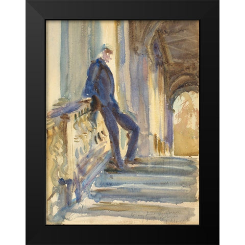 Sir Neville Wilkinson on the Steps of the Palladian Bridge at Wilton House Black Modern Wood Framed Art Print by Sargent, John Singer