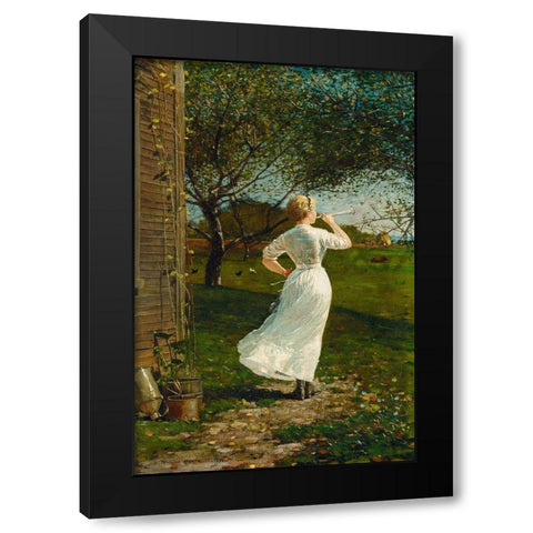 The Dinner Horn (Blowing the Horn at Seaside) Black Modern Wood Framed Art Print with Double Matting by Homer, Winslow