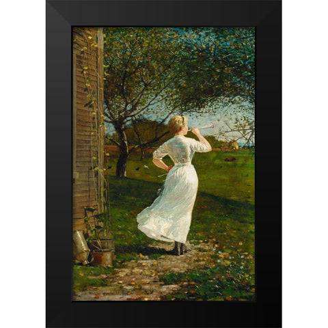 The Dinner Horn (Blowing the Horn at Seaside) Black Modern Wood Framed Art Print by Homer, Winslow