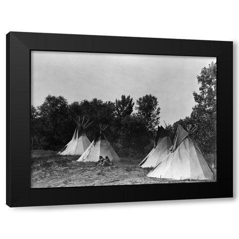 An Assiniboin camp containing four tepees with Indians seated on ground Black Modern Wood Framed Art Print by Curtis, Edward