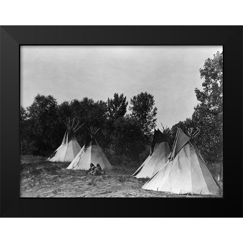 An Assiniboin camp containing four tepees with Indians seated on ground Black Modern Wood Framed Art Print by Curtis, Edward