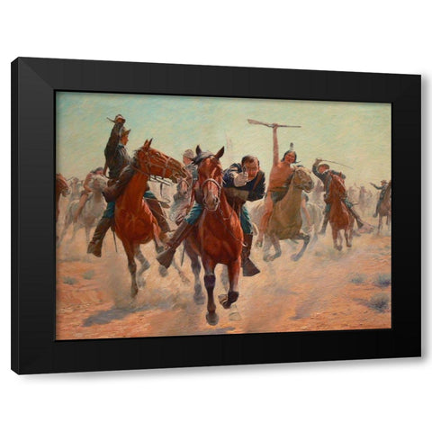 Gilcrease, Breaking through the line Black Modern Wood Framed Art Print by Schreyvogel, Charles