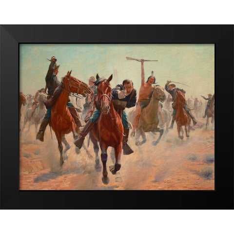 Gilcrease, Breaking through the line Black Modern Wood Framed Art Print by Schreyvogel, Charles