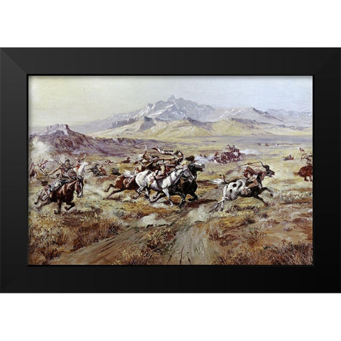 Stage Coach Attack Black Modern Wood Framed Art Print by Russell, Charles Marion