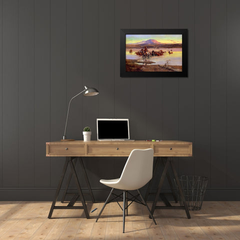 Fording the Horse Herd Black Modern Wood Framed Art Print by Russell, Charles Marion
