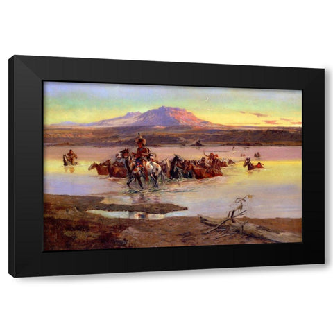 Fording the Horse Herd Black Modern Wood Framed Art Print by Russell, Charles Marion