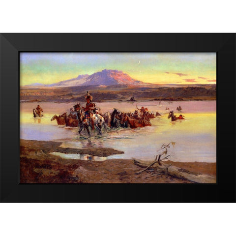 Fording the Horse Herd Black Modern Wood Framed Art Print by Russell, Charles Marion
