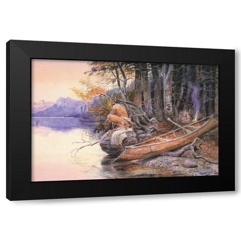 Indian Camp  Lake McDonald Black Modern Wood Framed Art Print with Double Matting by Russell, Charles Marion