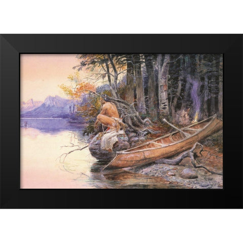 Indian Camp  Lake McDonald Black Modern Wood Framed Art Print by Russell, Charles Marion