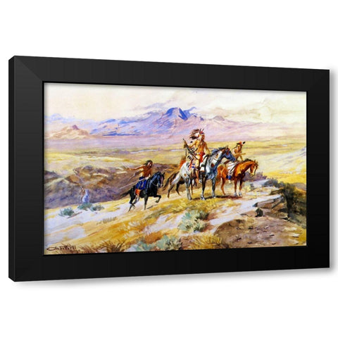 Indians Scouting a Wagon Train Black Modern Wood Framed Art Print by Russell, Charles Marion