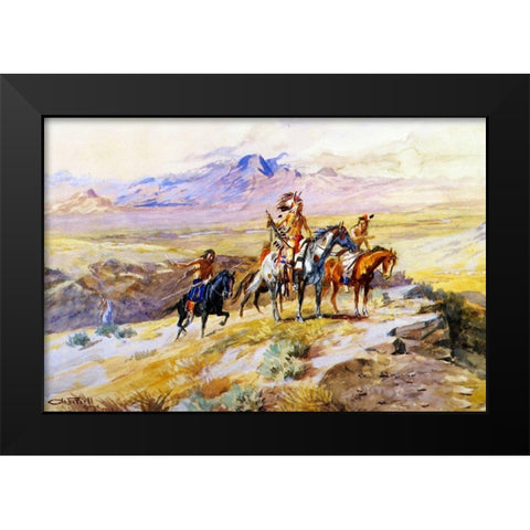Indians Scouting a Wagon Train Black Modern Wood Framed Art Print by Russell, Charles Marion