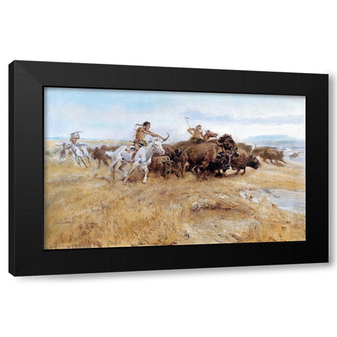 The Buffalo Hunt Black Modern Wood Framed Art Print by Russell, Charles Marion