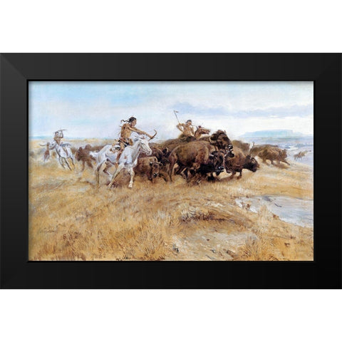 The Buffalo Hunt Black Modern Wood Framed Art Print by Russell, Charles Marion