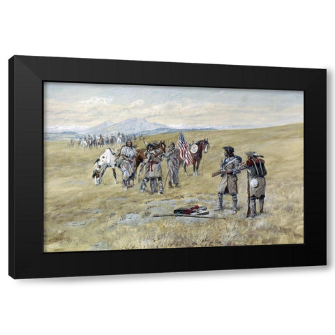 Captain Lewis Meeting the Shoshones Black Modern Wood Framed Art Print by Russell, Charles Marion