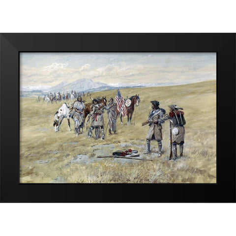 Captain Lewis Meeting the Shoshones Black Modern Wood Framed Art Print by Russell, Charles Marion
