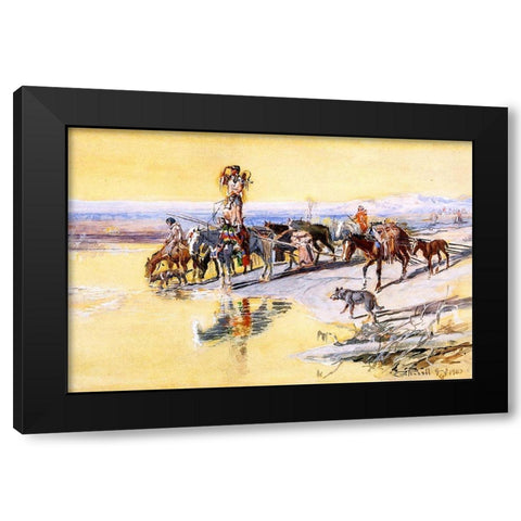 Indians Traveling on Travois Black Modern Wood Framed Art Print with Double Matting by Russell, Charles Marion