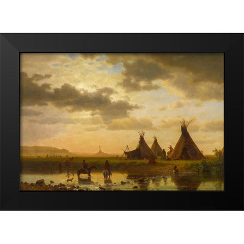 View of Chimney Rock, Ohalilah Sioux Village in the foreground Black Modern Wood Framed Art Print by Bierstadt, Albert