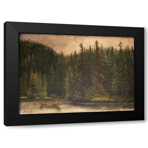 Indian Hunters in Canoe Black Modern Wood Framed Art Print with Double Matting by Bierstadt, Albert