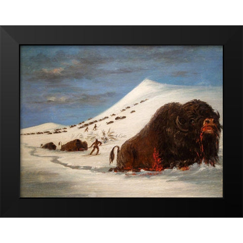 Buffalo Hunt in Snow Shoes Black Modern Wood Framed Art Print by Catlin, George