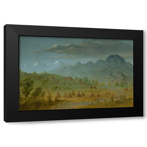 A Crow Village and the Salmon River Mountains Black Modern Wood Framed Art Print by Catlin, George