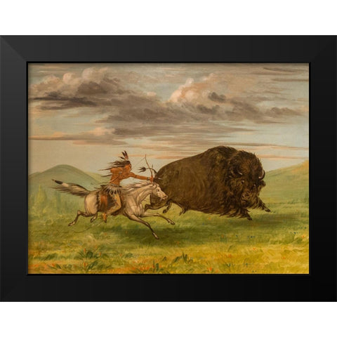 Indian Killing Buffalo with Bow and Arrow Black Modern Wood Framed Art Print by Catlin, George