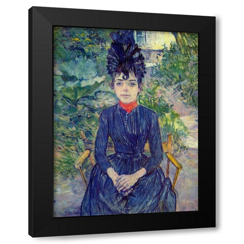 Woman seated in M. Forests Garden, Justine Dieuhl Black Modern Wood Framed Art Print by Toulouse-Lautrec, Henri de