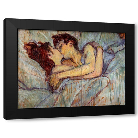 In Bed, The Kiss Black Modern Wood Framed Art Print by Toulouse-Lautrec, Henri de