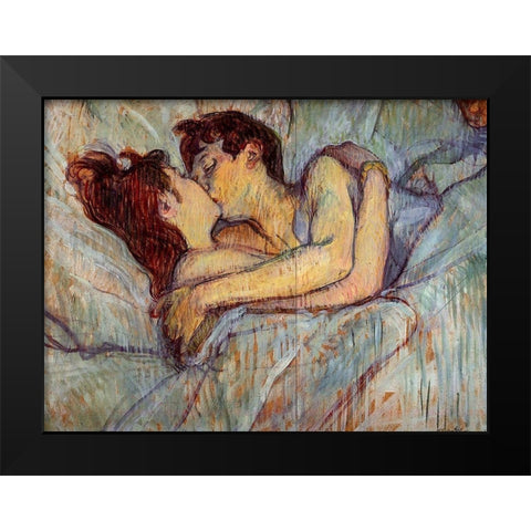In Bed, The Kiss Black Modern Wood Framed Art Print by Toulouse-Lautrec, Henri de