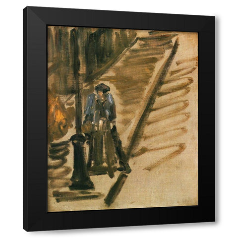 Rue Mossnier with Knife Grinder Black Modern Wood Framed Art Print by Manet, Edouard