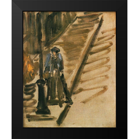 Rue Mossnier with Knife Grinder Black Modern Wood Framed Art Print by Manet, Edouard