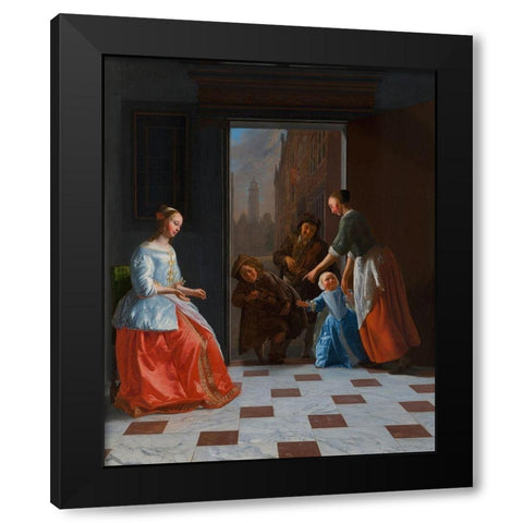 Street Musicians at the Door Black Modern Wood Framed Art Print by Octhtervelt, Jacob