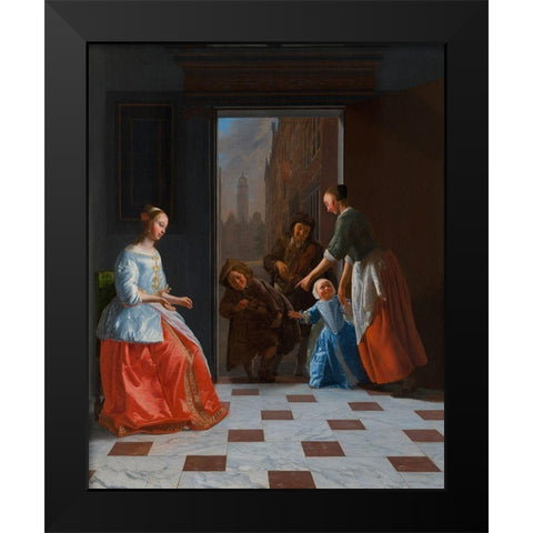 Street Musicians at the Door Black Modern Wood Framed Art Print by Octhtervelt, Jacob