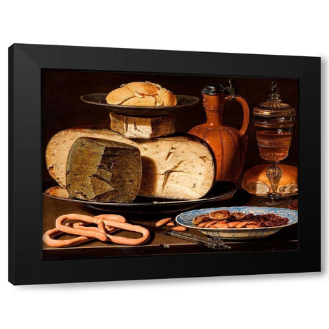 Still Life with Cheeses, Almonds and Pretzels Black Modern Wood Framed Art Print with Double Matting by Peeters, Clara