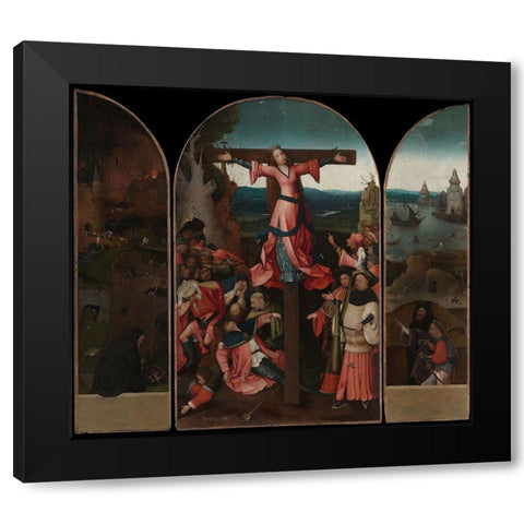 Triptych of the crucified Martyr Black Modern Wood Framed Art Print by Bosch, Hieronymus