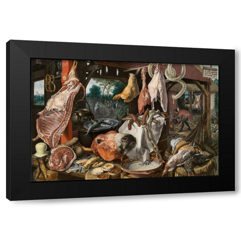 A Meat Stall with the Holy Family Giving Alms Black Modern Wood Framed Art Print with Double Matting by Aertsen, Pieter