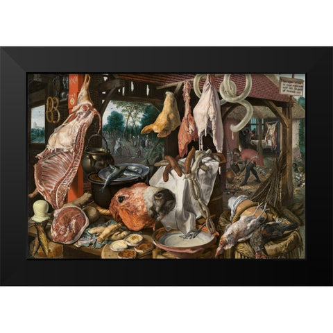 A Meat Stall with the Holy Family Giving Alms Black Modern Wood Framed Art Print by Aertsen, Pieter