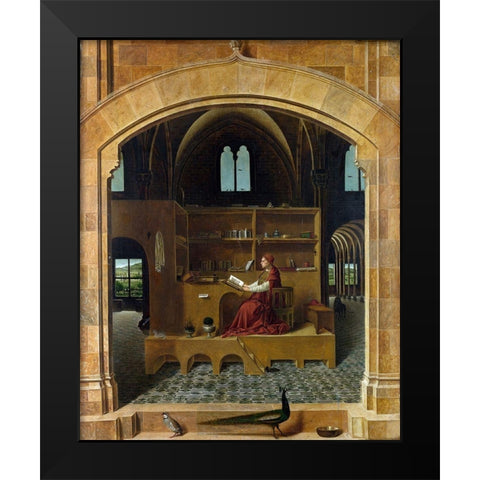 Saint Jerome in his Study Black Modern Wood Framed Art Print by da Messina, Antonello