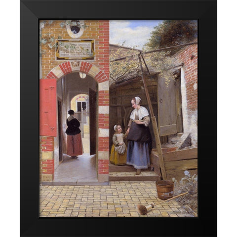 The Courtyard of a House in Delft Black Modern Wood Framed Art Print by de Hooch, Pieter