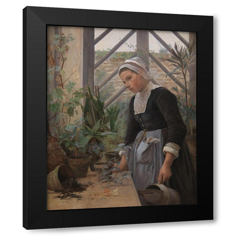 Brittany girl arranges plants in a greenhouse Black Modern Wood Framed Art Print by Petersen, Anna