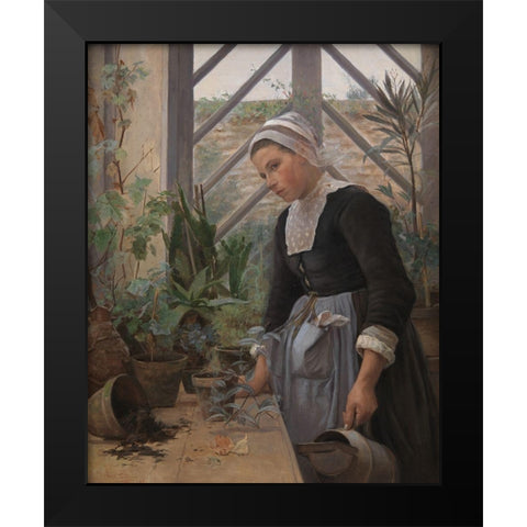 Brittany girl arranges plants in a greenhouse Black Modern Wood Framed Art Print by Petersen, Anna