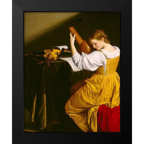 The Lute Player Black Modern Wood Framed Art Print by Gentileschi, Orazio