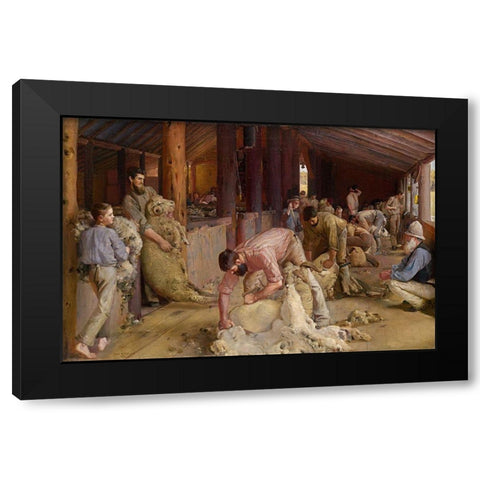 Shearing the Rams Black Modern Wood Framed Art Print with Double Matting by Roberts, Tom