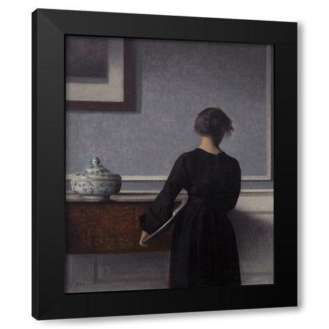 Interior with Young Woman Seen from the Back Black Modern Wood Framed Art Print by Hammershoi, Vilhelm