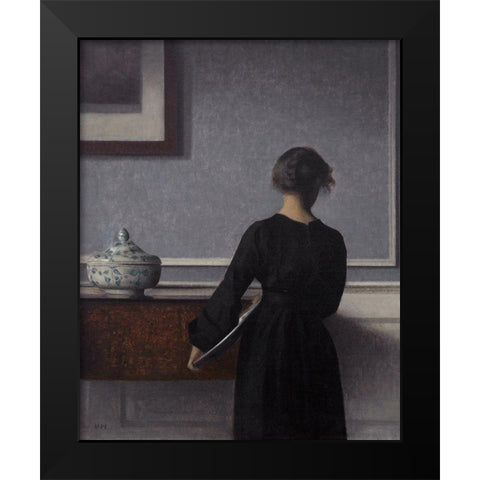 Interior with Young Woman Seen from the Back Black Modern Wood Framed Art Print by Hammershoi, Vilhelm